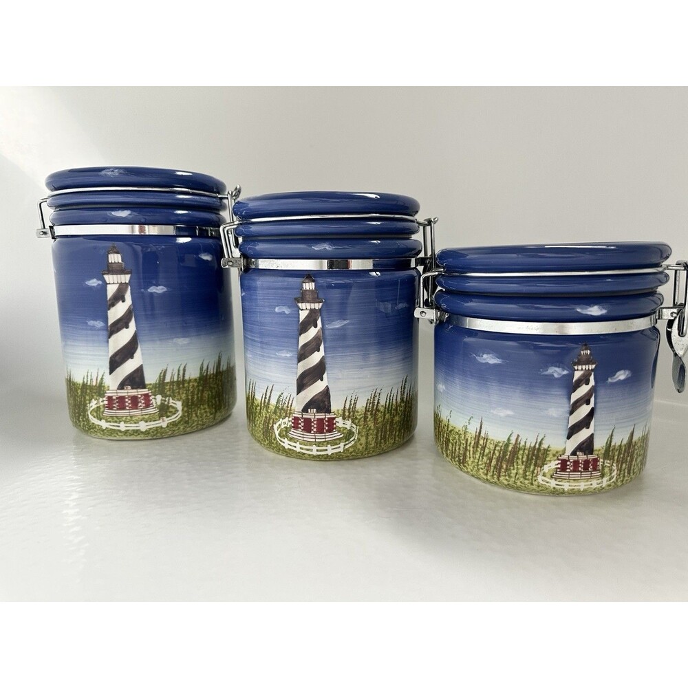 Lefton Hand Painted Cape Hatteras Lighthouse Canister Set of 3 Nautical Ceramic
